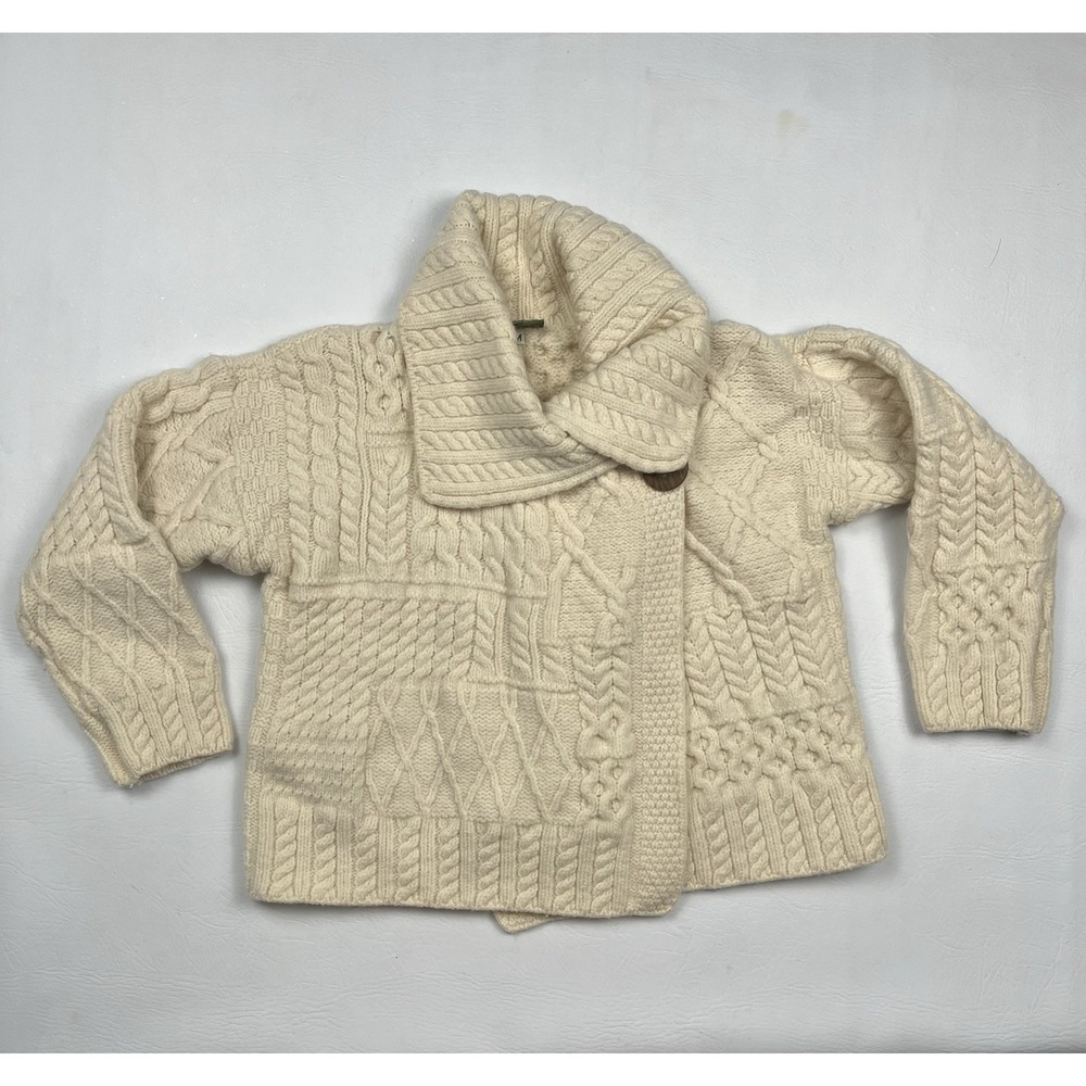 Carraig Donn Cardigan Sweater Womens Medium Cream Merino Wool Cable Knit Ireland